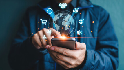 Dynamic global business connections at your fingertips with this modern mobile phone technology concept