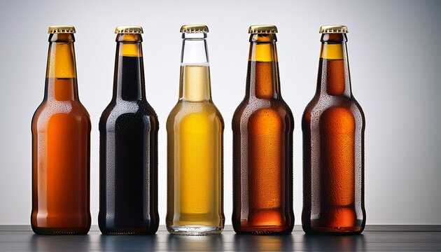 different types of beer bottles featuring lager ale and stout with condensation on the glass in a minimalist setting
