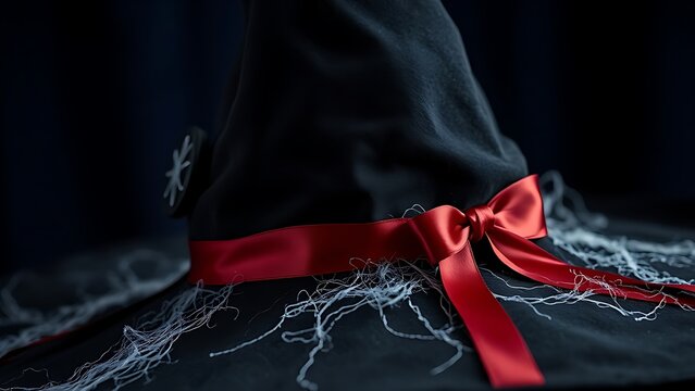 Black witch hat with silver cobwebs and crimson ribbon, embodying Halloween elegance and mystery.