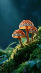 Three vibrant orange mushrooms glow softly among green moss in a serene forest setting during the early morning