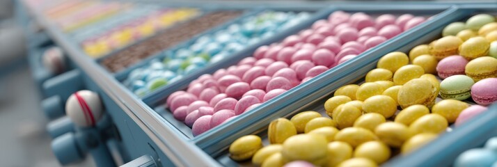 Colorful display of macarons and confections at a pastry shop during daylight in a vibrant culinary market