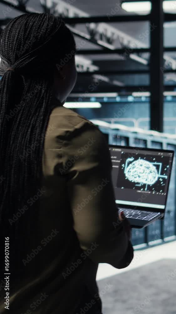 Poster vertical video programmer doing data center automation using ai software tools, enhancing workflow. 