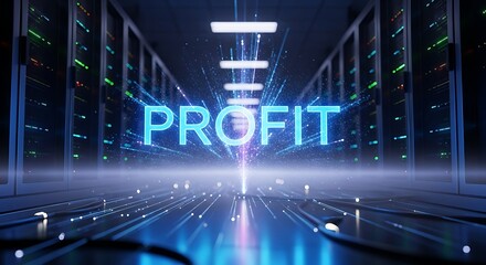 Holographic text of the word PROFIT glowing in a futuristic server room, symbolizing data-driven business success and financial growth