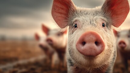 Close-up of a curious piglet in a farm setting during the late afternoon light