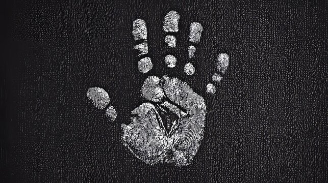 Detailed monochromatic handprint with intricate fingerprint patterns displayed on dark textured background, symbolizing identity, evidence, individuality and human uniqueness concept
