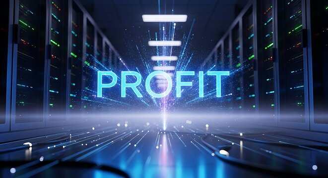 Holographic text of the word PROFIT glowing in a futuristic server room, symbolizing data-driven business success and financial growth