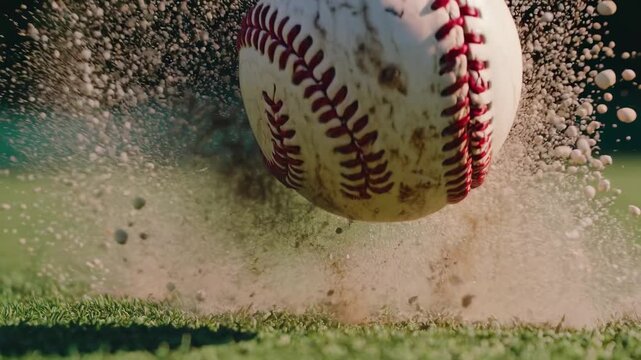 Close-up, low-angle shot of a baseball rolling on grass, capturing motion and dust. Perfect for sports-themed video content.