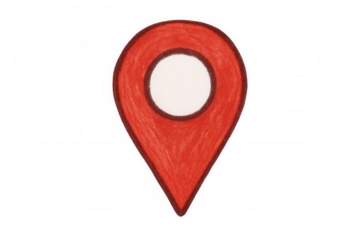 Location pin icon in vibrant red, displaying transparent background, marking precise geographical point for navigational reference
