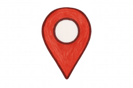Location pin icon in vibrant red, displaying transparent background, marking precise geographical point for navigational reference