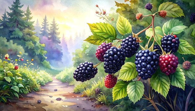 A vibrant illustration showcasing a forest path lined with lush foliage and clusters of ripe blackberries and raspberries.