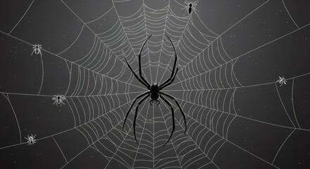 Obraz premium Large dark spider sits centered on intricate web with smaller prey spiders trapped. Pest control and insect infestation concept.