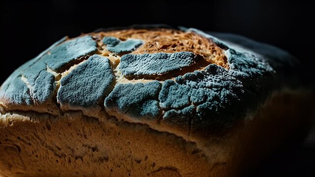 Close-up view of a loaf of bread with visible blue-green mold growing on its crust, highlighting spoilage and decay in a dark setting.