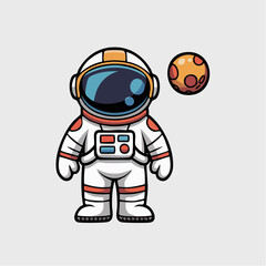 Fototapeta premium A charming flat design icon depicting a cheerful astronaut in a detailed space suit, standing beside a stylized orange planet, evoking themes of space exploration and cosmic adventure