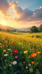 Fototapeta premium Serene ranch meadow at golden hour, wildflowers blooming amidst tall grasses under a vast sky Perfect for illustrating rural landscapes, peaceful settings, and nature's beauty , day, serene