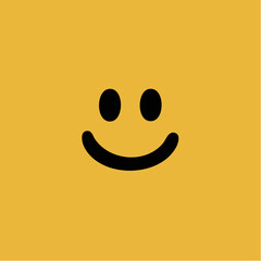 Simple and clean graphic illustration of a black smiley face icon on a vibrant yellow background, symbolizing happiness, joy, and positive emotions