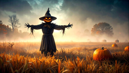 Spooky Halloween Scarecrow in a Field