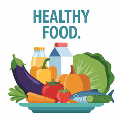 A colorful collection of nutritious foods including fresh vegetables, fish, milk, and juice, representing a healthy lifestyle and balanced diet