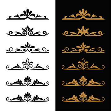 Black and gold vector graphic set of decorative ornate borders. Featuring vintage scrollwork flourishes and elegant text dividers for page decoration