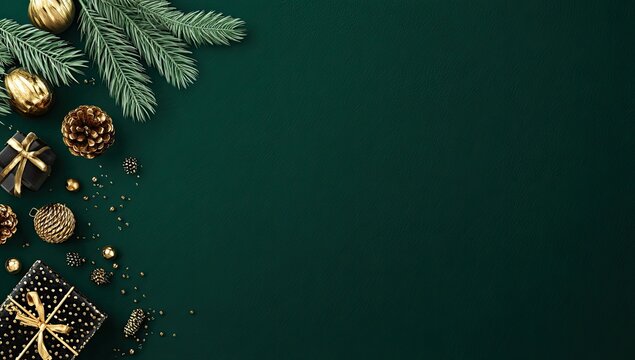Dark green Christmas background with gold accents. Small gifts, pine cones, and branches