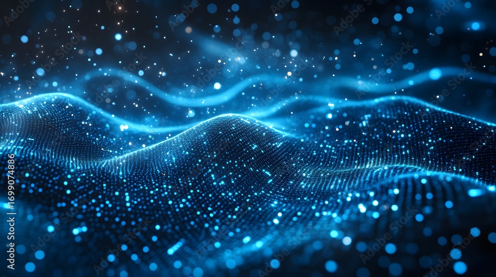 Poster abstract digital backdrop featuring intricate, undulating patterns of glowing blue dots.