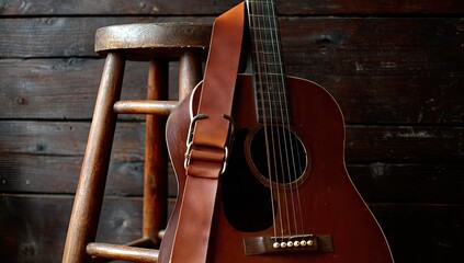 Obraz premium A rustic acoustic guitar rests against a wooden stool, its rich brown leather strap a warm contrast against the dark wood backdrop.