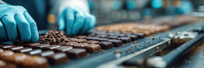 Chocolate production process in a factory with workers handling cocoa treats