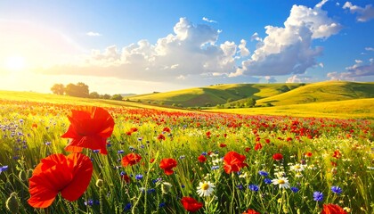 Fototapeta premium A vibrant field of wildflowers, poppies, and daisies stretches across a sun-drenched landscape under a vast, cloudy sky.