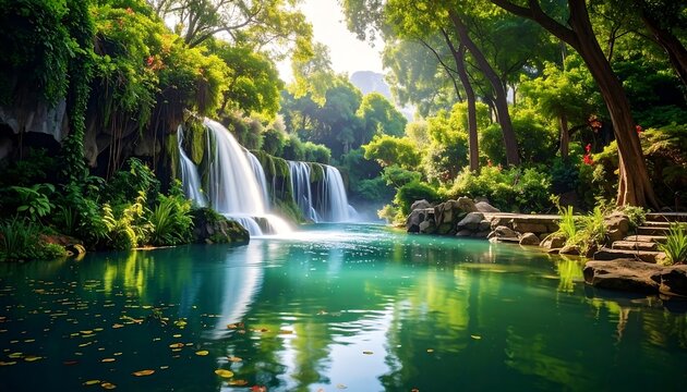 Serene cascading waterfall and lush green forest surrounding a tranquil pond.  A peaceful natural landscape with vibrant foliage and clear, calm water.