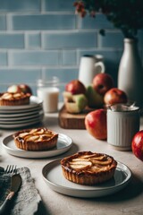 Small apple tarts on plates,  light beige table, blue tiles