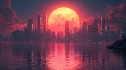 Fototapeta premium Red moon rising over a futuristic city skyline reflected in calm water.