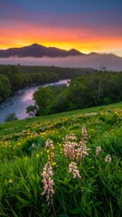 Serene mountain sunrise over a meadow and river