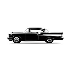 Sleek black silhouette of a vintage hardtop coupe from the fifties, a nostalgic ride from a bygone motoring era isolated on white
