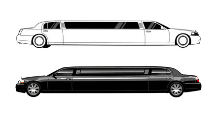 Side profile view of a classic stretch limousine in a realistic black design and an outline version, representing luxury travel and VIP service