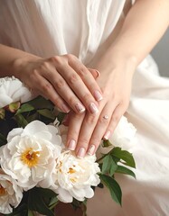 Delicate hands with elegant french manicures rest amongst a bouquet of white peonies, showcasing a soft, serene aesthetic.