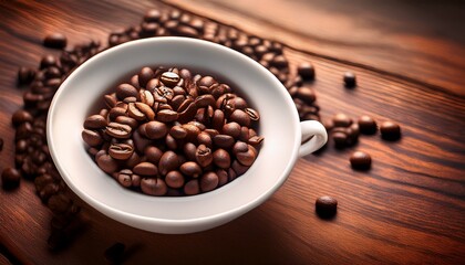 Fototapeta premium roasted coffee beans in a white cup on wooden table aromatic and rich