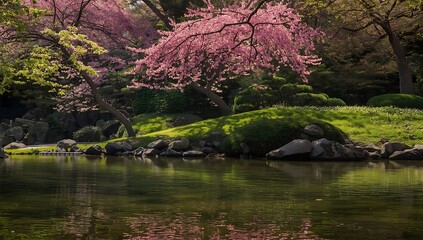 Naklejka premium Japanese garden pond in spring park with trees and reflections