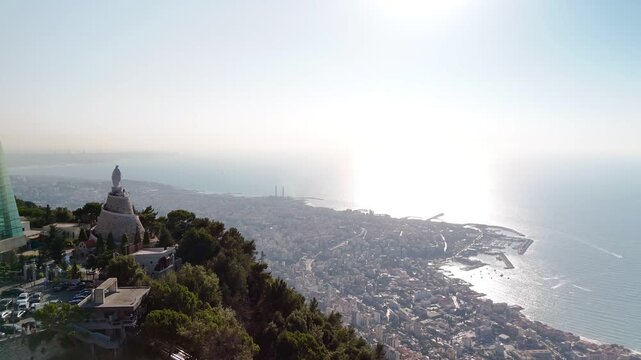 Aerial drone video of Our Lady of Lebanon at Harissa