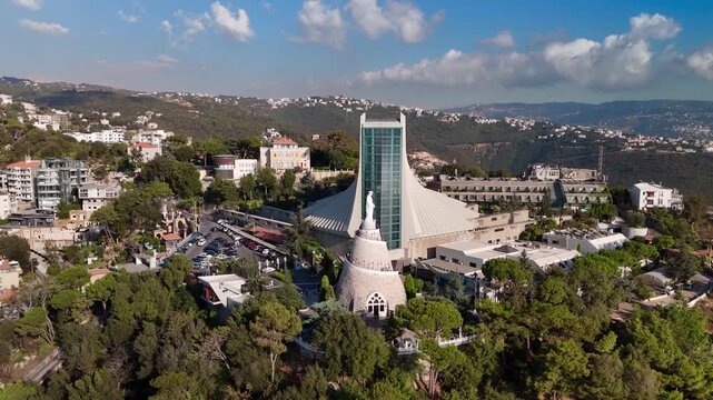Aerial drone video of Our Lady of Lebanon at Harissa
