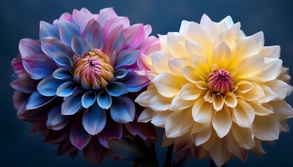impasto dahlias flower pair m yellow white with pink tips and purple blue bloom © Gillian