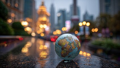 Miniature globe resting on wet urban curb, city lights blurred in background