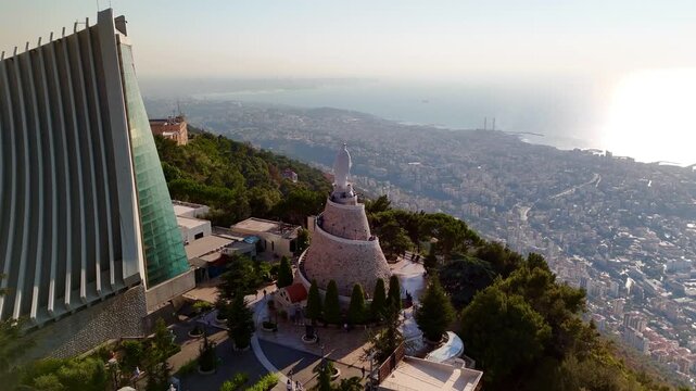 Aerial drone video of Our Lady of Lebanon at Harissa