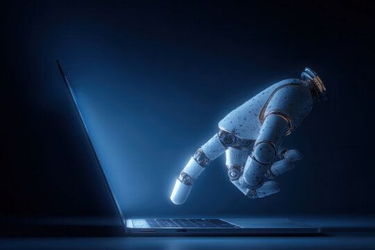A robotic hand reaches toward a glowing laptop in a dark blue scene, emphasizing technology, automation, and the evolving bond between humans and machines. - Powered by Adobe