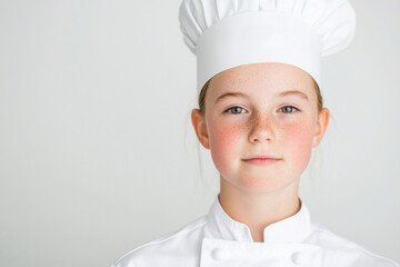 Young female chef in a white toque and coat stands against a clean light background, radiating confidence, focus, and culinary curiosity for a modern kitchen themed shot.