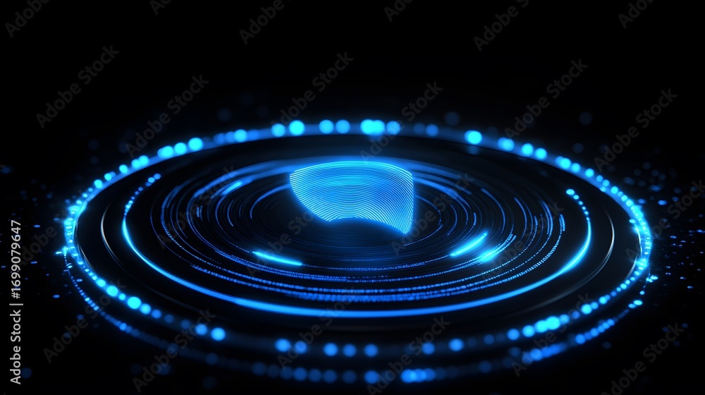Poster abstract design features a central, translucent blue shape set within a complex system of concentric