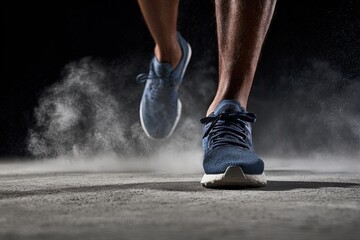 Close-up of running feet in motion.  Dark-gray concrete floor with a blur of dust/powder, blue running shoes, mid-stride action