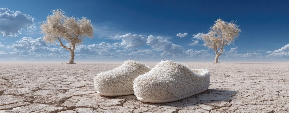 White slippers on a cracked desert landscape beneath a vibrant blue sky.  Two solitary trees stand sentinel