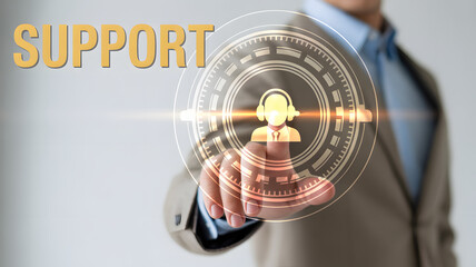 Man selecting online tech support with touch, promising excellent customer care