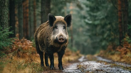 Wild boar stands on a forest path surrounded by tall trees and autumn foliage during a misty day