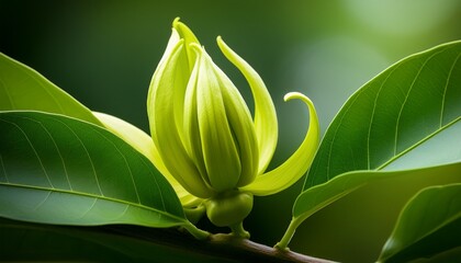Obraz premium ylang ylang flower bud close up of a fresh green ylang ylang flower bud with leaves