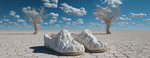White shoes on a cracked, arid landscape beneath a vast, partly cloudy sky.  Two barren trees stand sentinel